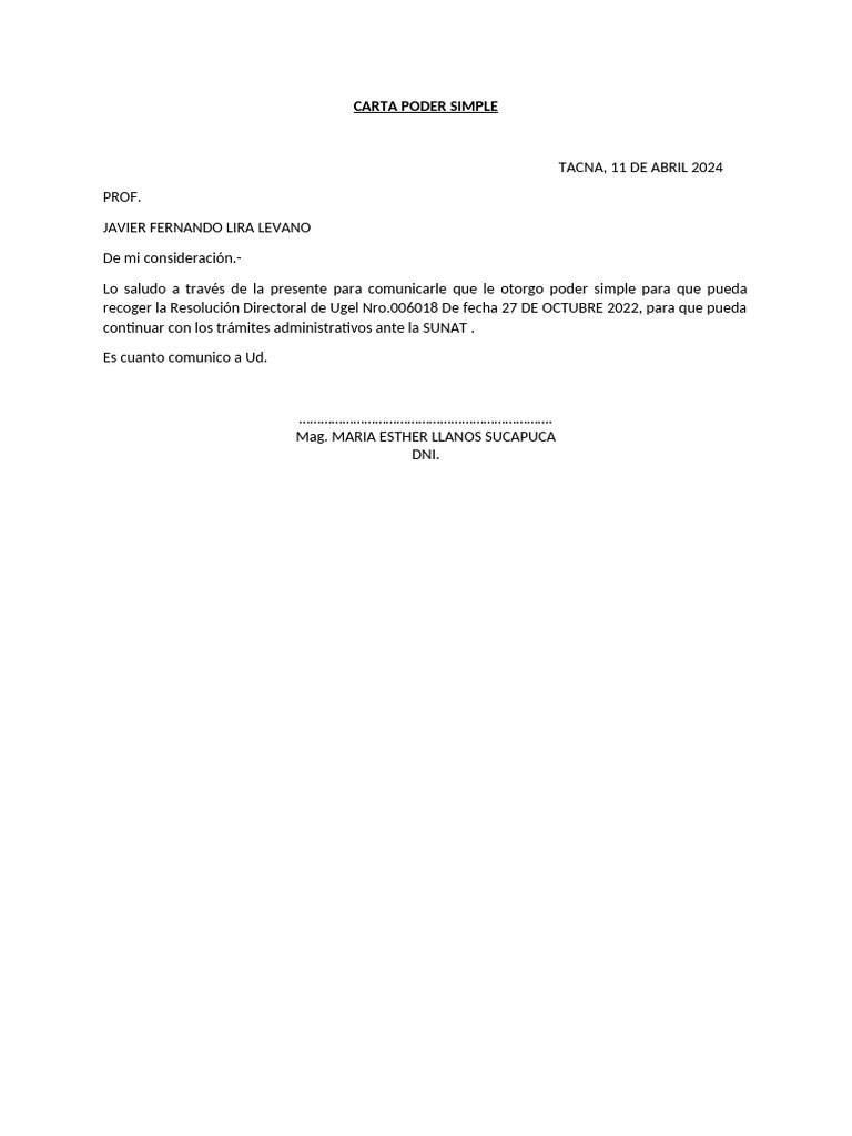 Carta Poder Simple para Trámites Administrativos | PDF
