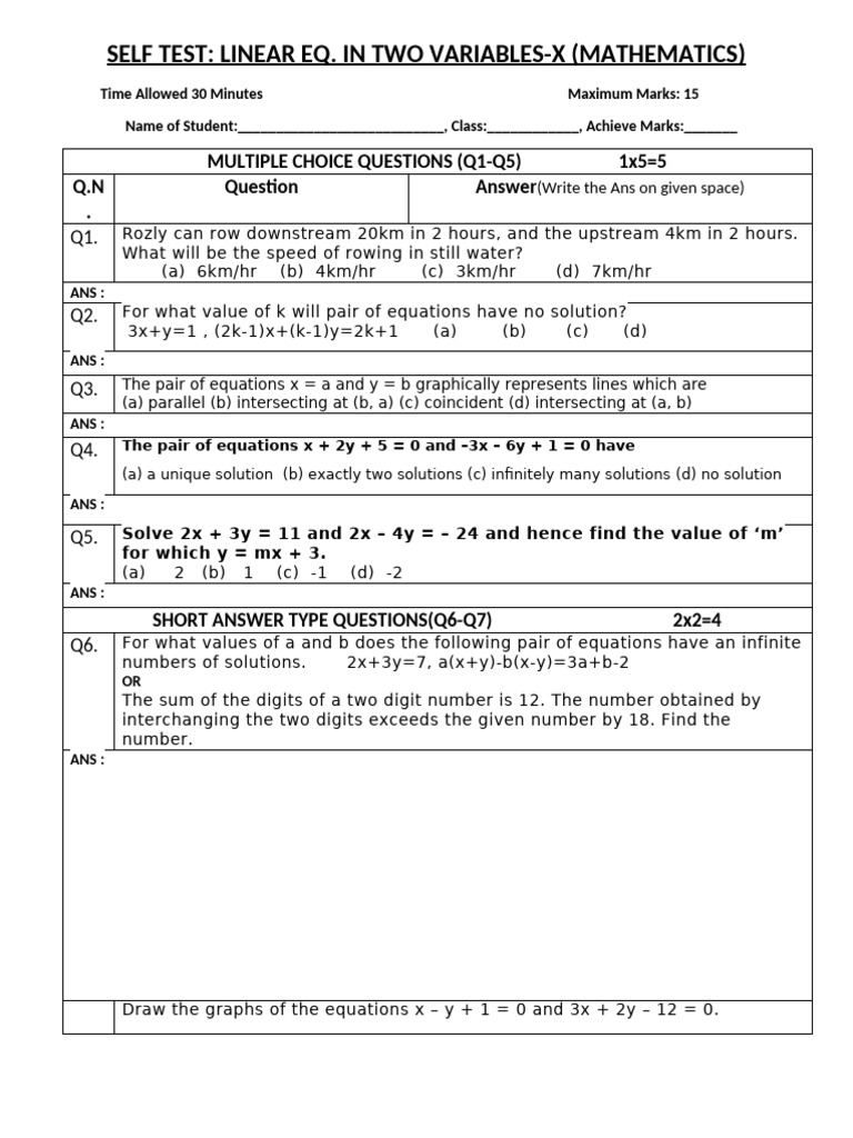 Self Test Linear Eq x | PDF | Length | Equations