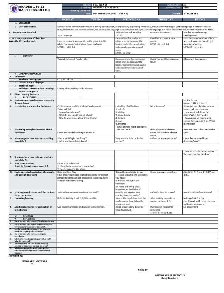 DLL - MTB 3 - Q1 - W4 | PDF | Vocabulary | Learning