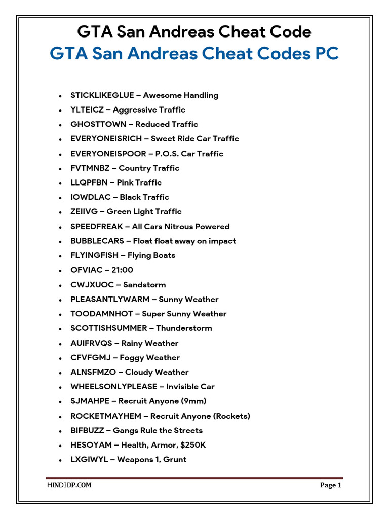 GTA San Andreas PC Cheat Codes List | PDF