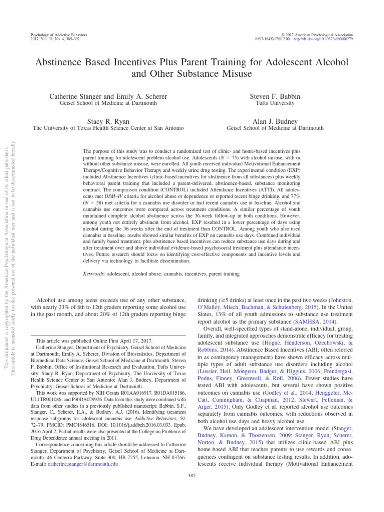 Abstinence Based Incentives Plus Parent Training For Adolescent Alcohol ...