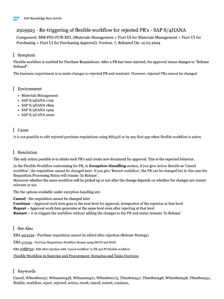 Re-Triggering of Flexible Workflow For Rejected PR's - SAP S4HANA | PDF