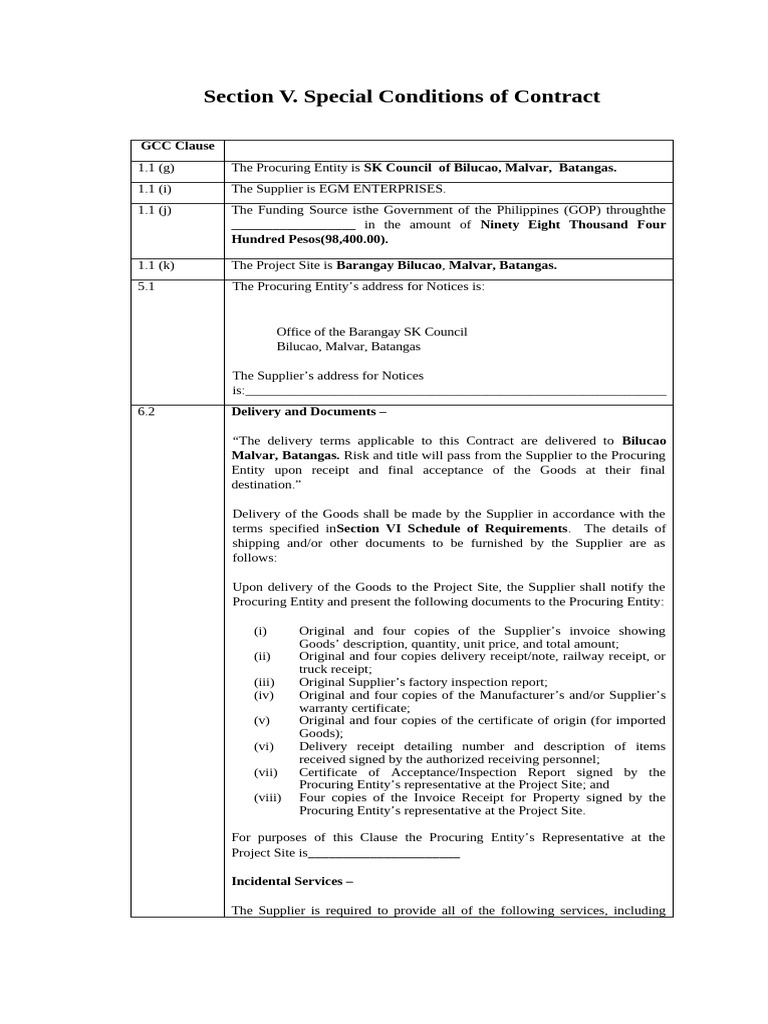 Special Conditions of Contract for EGM Enterprises | PDF | Business ...