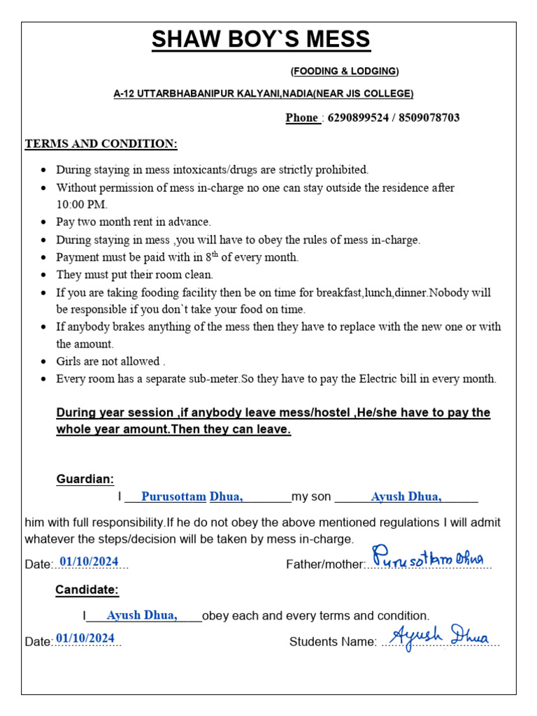 Shaw Boy's Mess Rules and Regulations | PDF