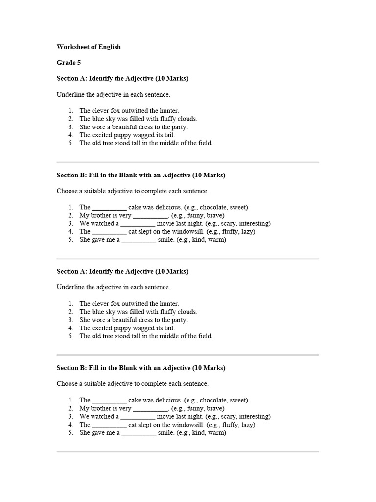 Worksheet of English Adjectives | PDF