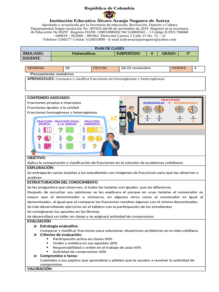 Plan de Clases Matematicas 38 Periodo 4 | PDF | Evaluación | Aprendizaje