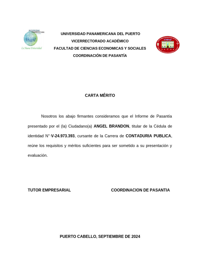 Carta de Mérito para Pasantía | PDF