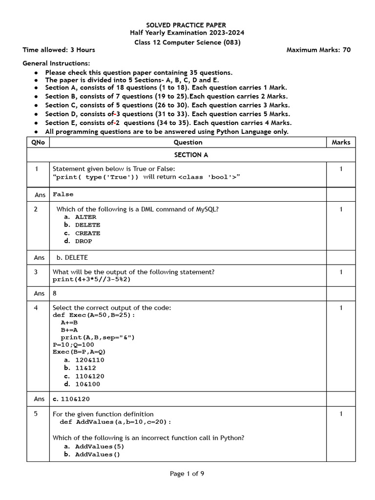 Class 12 Computer Science Exam Paper | PDF | Computer Programming ...