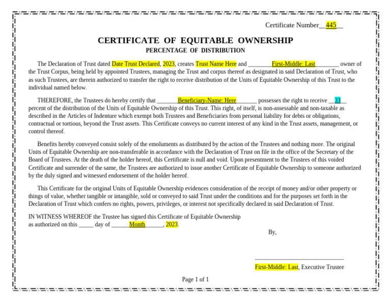 Certificate of Equitable Ownership | PDF | Trustee | Common Law