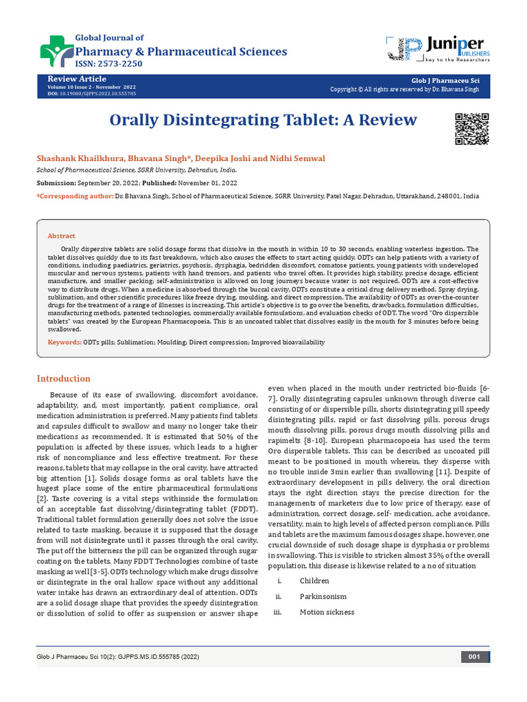 Orally Disintegrating Tablet - A Review | PDF | Tablet (Pharmacy ...
