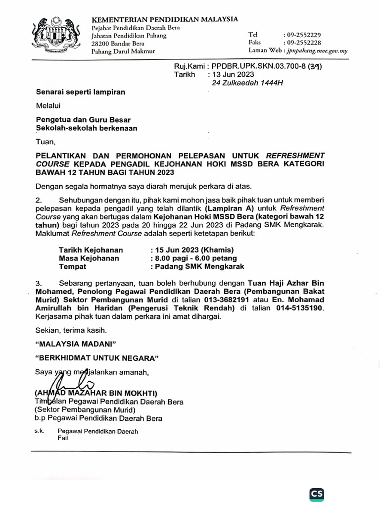 Surat Refreshments Course HOKI MSSD 2023 | PDF