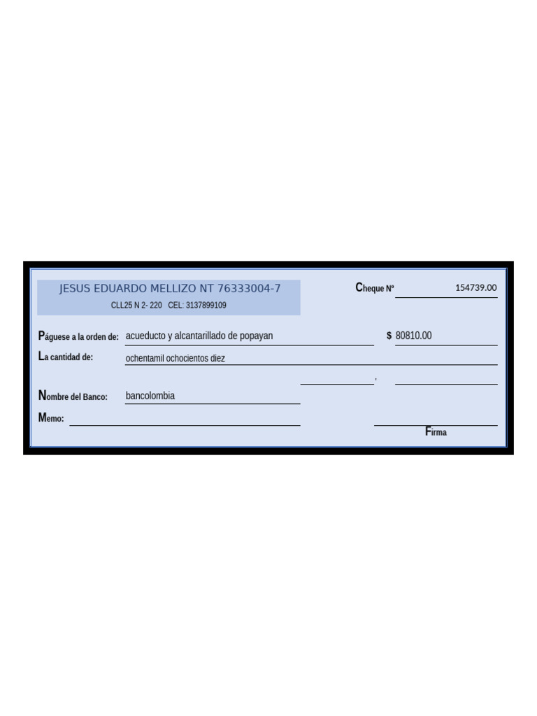 Plantilla de Cheque en Excel | PDF