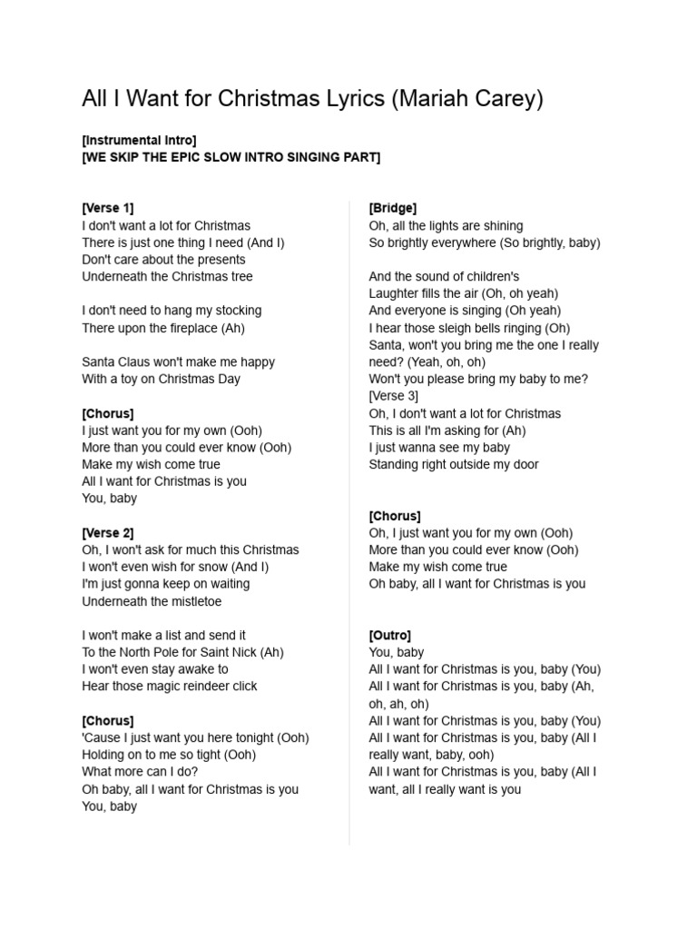 All I Want For Christmas Lyrics PDF