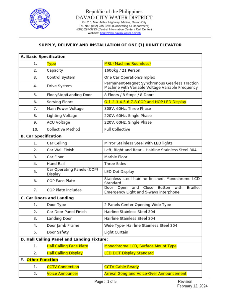 Davao City Water District Elevator Specs | PDF | Elevator | Door