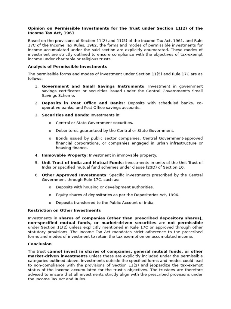 Opinion On Permissible Investments For The Trust Under Section 11 | PDF ...