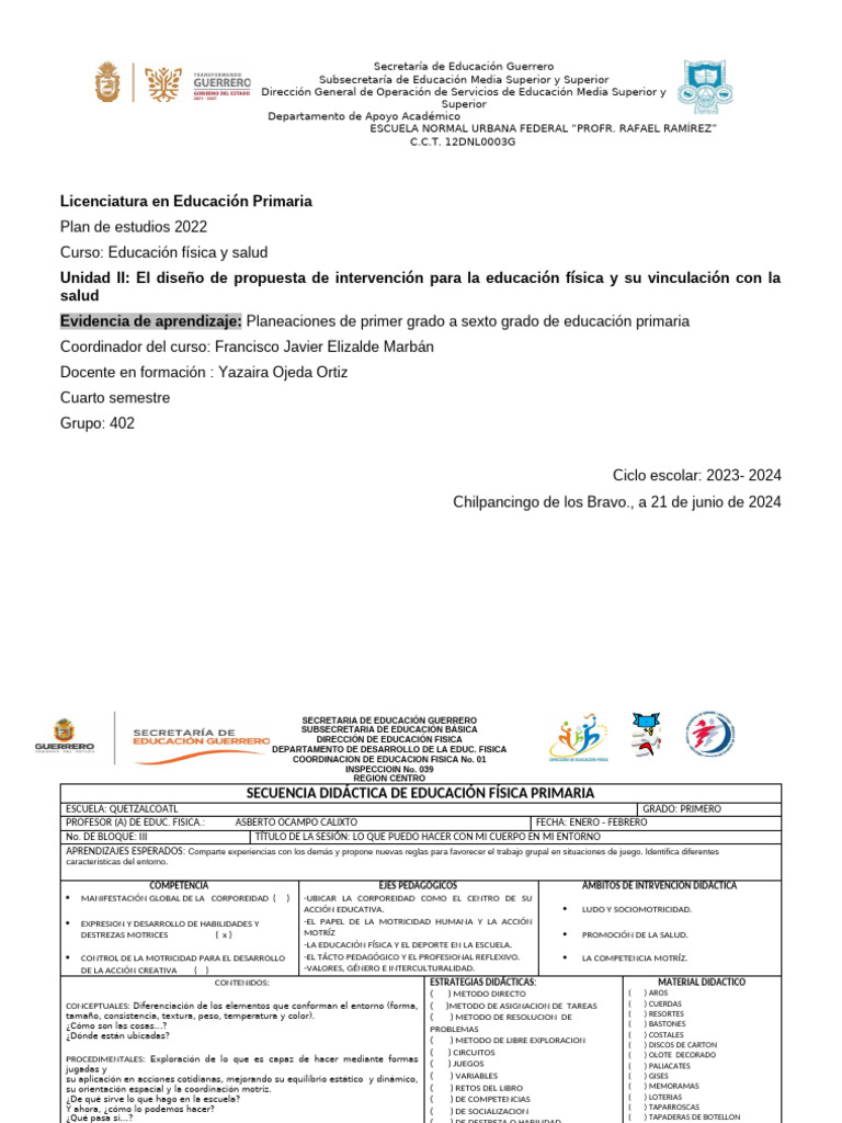 Planeaciones de Educación Física Primaria | PDF | Educación primaria ...