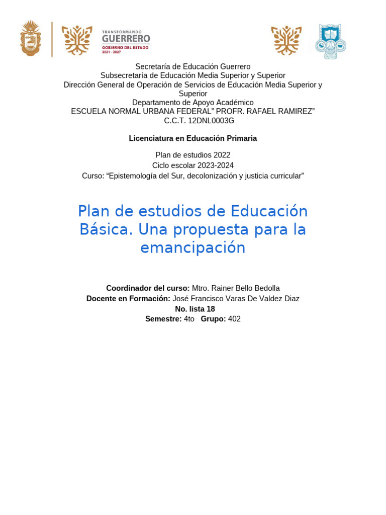 Plan de Estudios de La Educación Basica. Una Propuesta para La ...