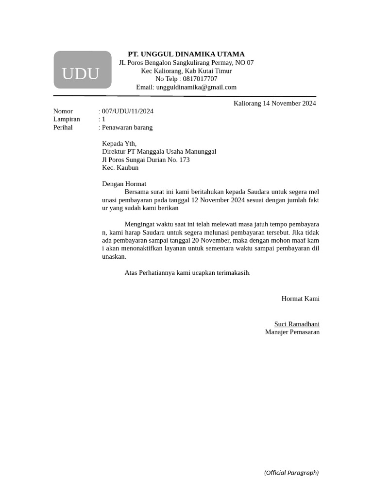 Penawaran Pembayaran Jatuh Tempo UDU | PDF