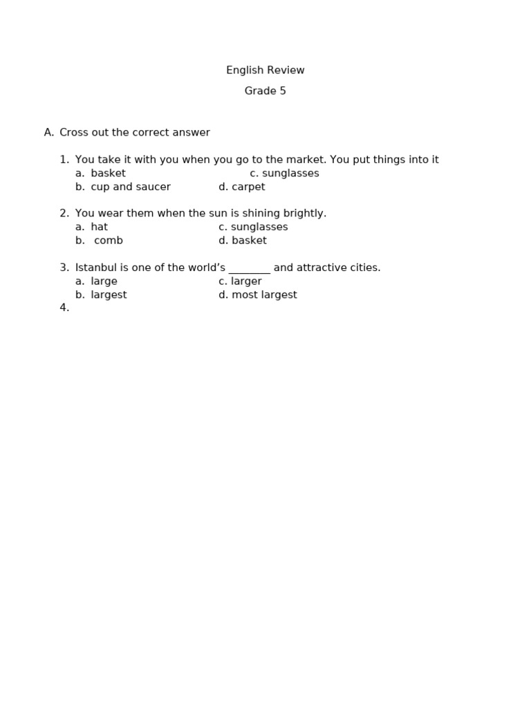 Grade 5 English Review Questions | PDF | Lifestyle