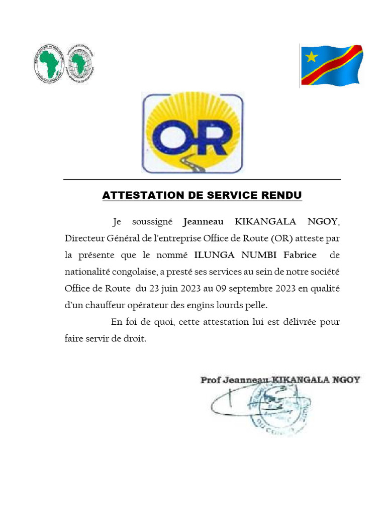 Attestation de Service Rendu à Lubumbashi | PDF