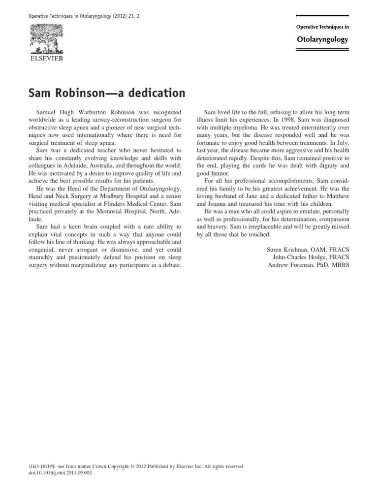 Sam Robinson— A Dedication Yotot | PDF | Otorhinolaryngology | Health Care