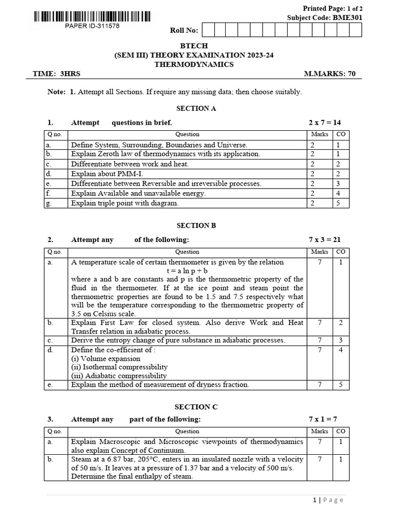 BME301 Thermodynamics Exam 2023 | PDF | Heat | Temperature