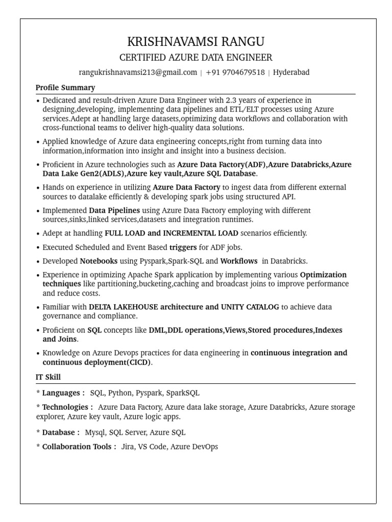 Azure Data Engineer Profile Summary | PDF | Apache Spark | Data