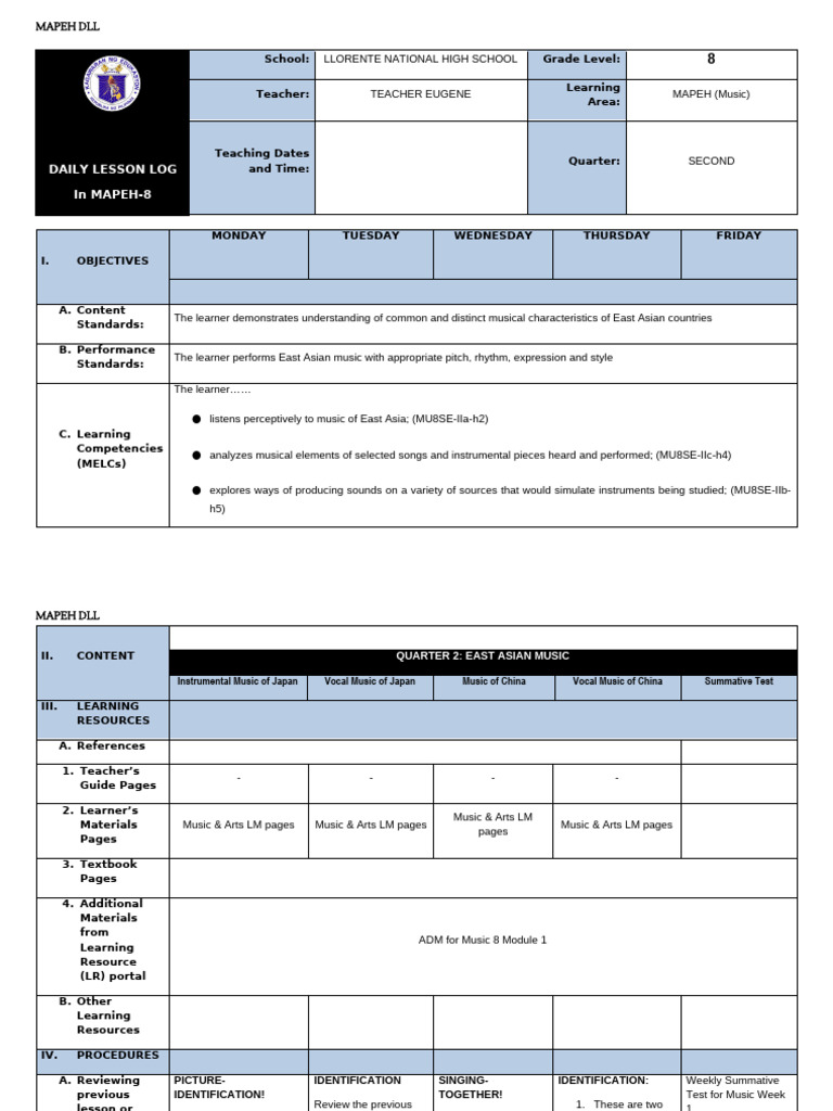 Q2 DLL-MAPEH 8_Music (1) | PDF | Musical Instruments | Performing Arts