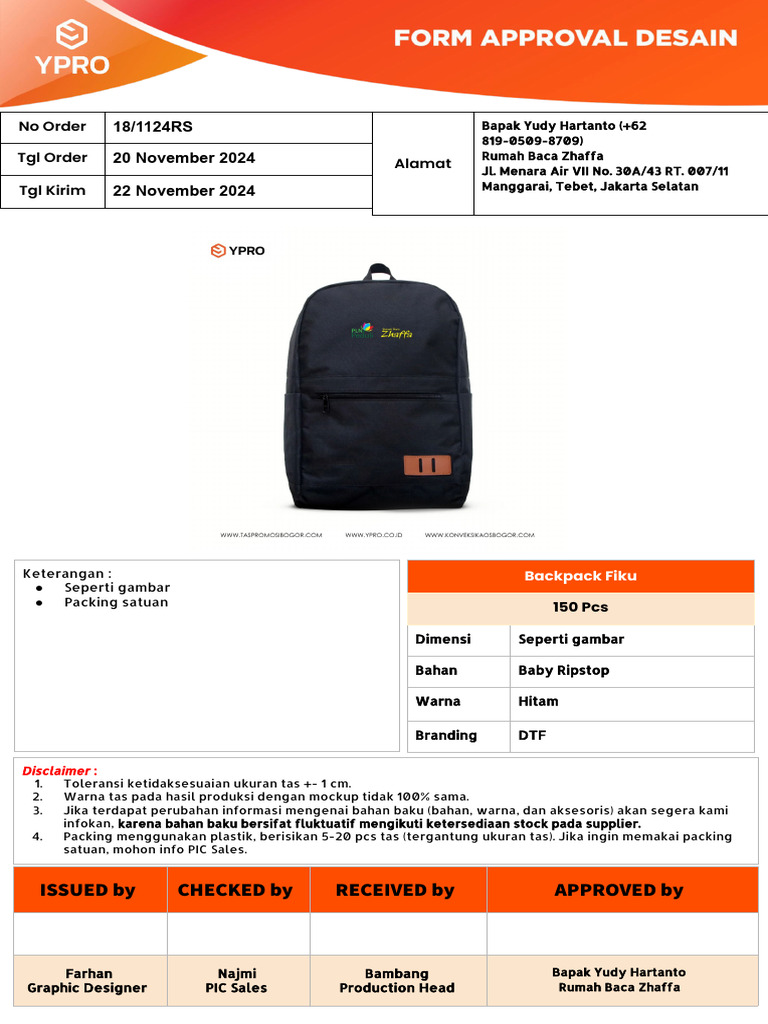 Form Approval 18-1124RS Backpack Fiku DTF - Bapak Yudy Rumah Baca | PDF