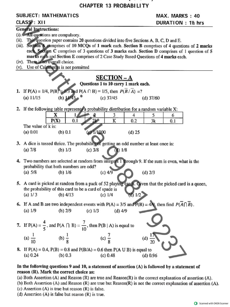 Maths Class Xii Chapter 13 Probability Practice Paper 12 | PDF