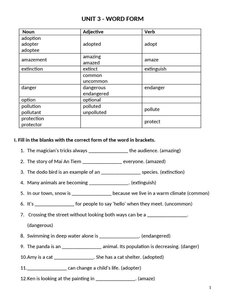 Tiếng Anh 6 Friends Plus - Word Form - Unit 3 | PDF | Linguistics