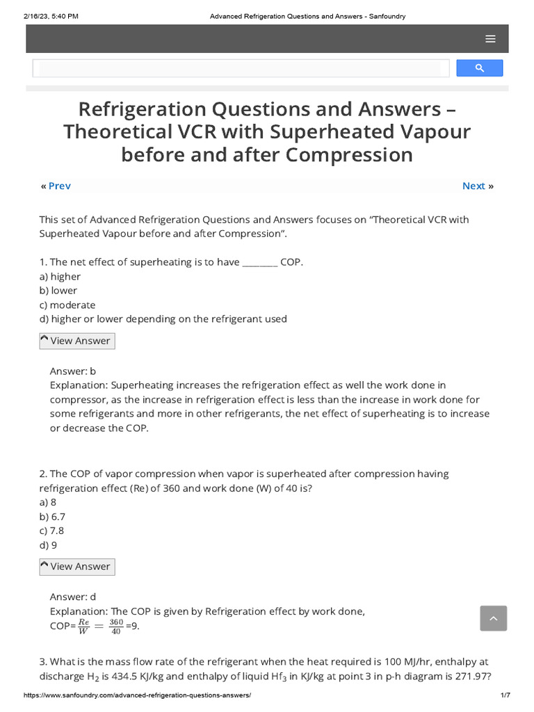 Advanced refrigeration questions and answers sanfoundry pdf