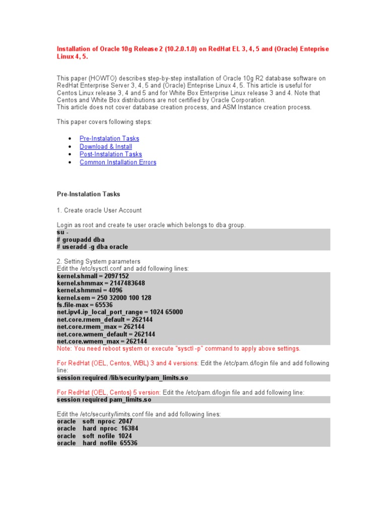 Installing Oracle Database 10g R2 in Linux | PDF