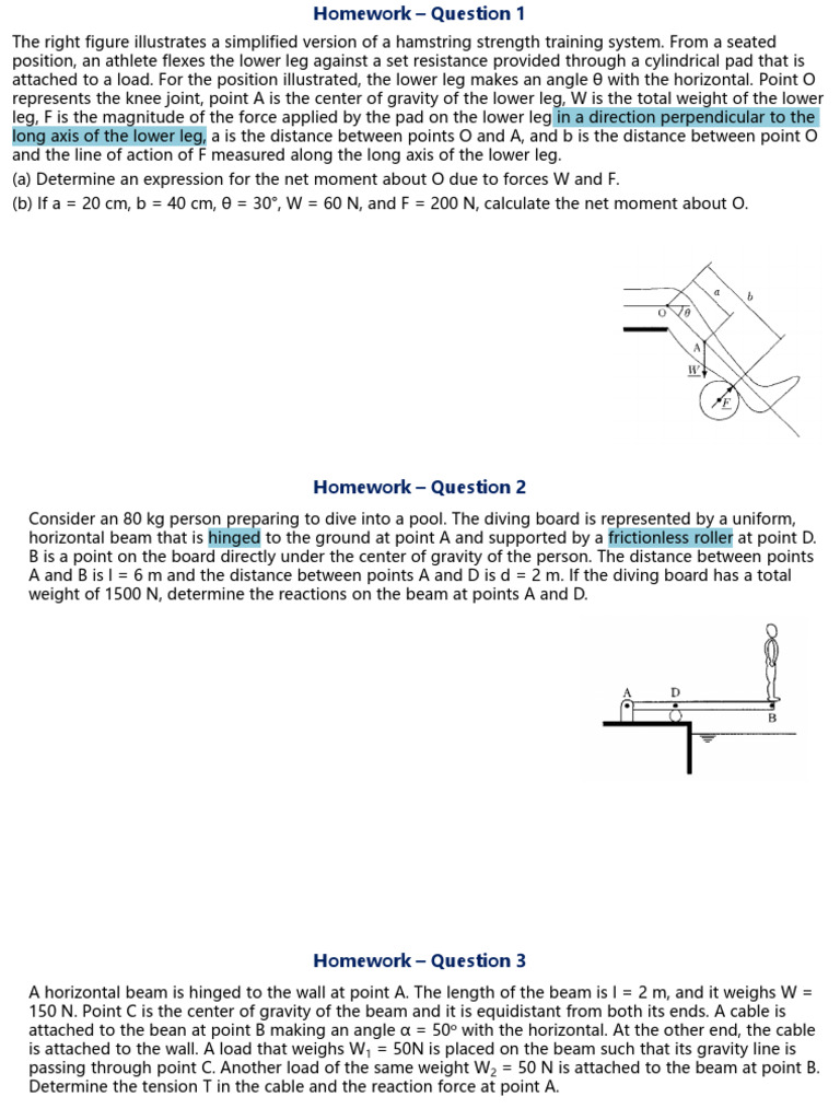 Biomechanics Homework: Force Calculations | PDF | Force | Beam (Structure)