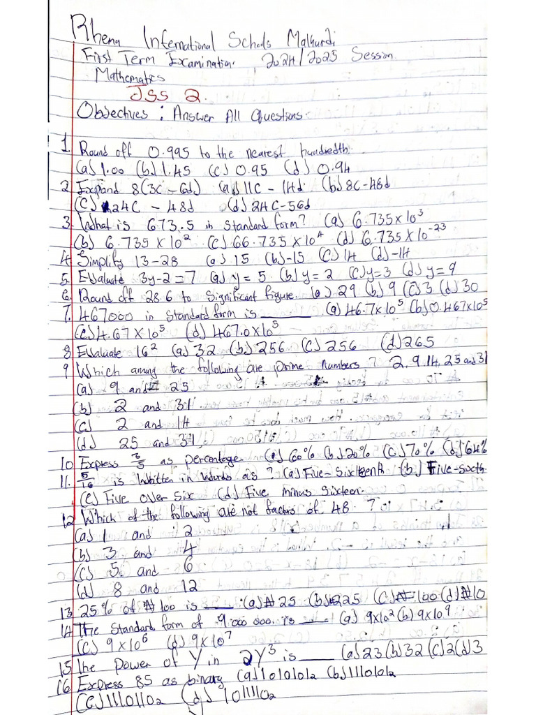 Jss 2 Maths Exam | PDF