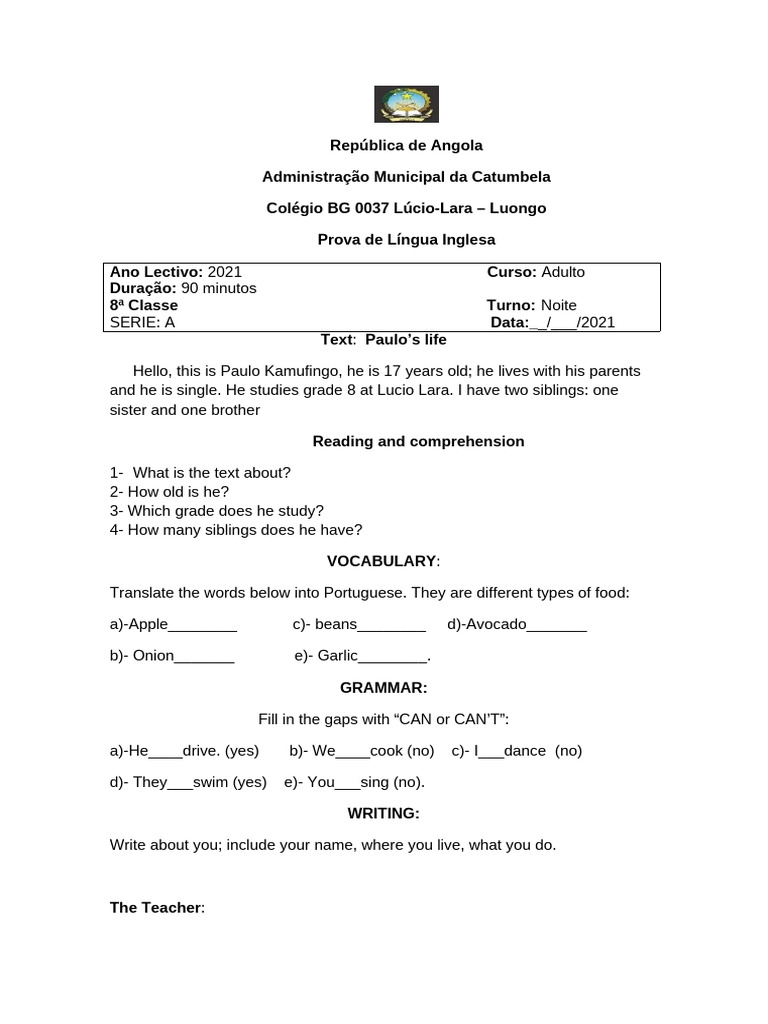 English Test for 8th Grade Adults | PDF | Behavior Modification | Writing