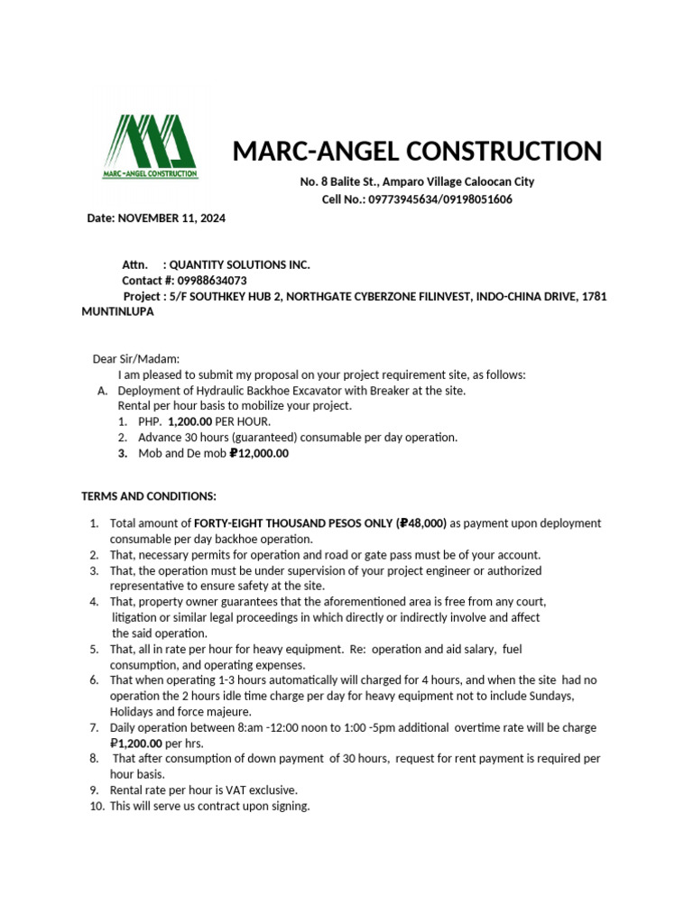 Excavator Rental Proposal Muntinlupa | PDF