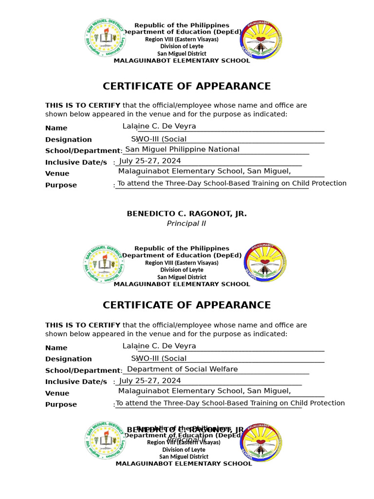 Certificate of Appearance for Training Events | PDF | Philippines | Welfare