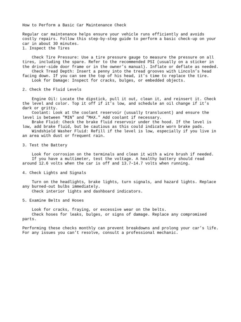Basic Car Maintenance Checklist Guide | PDF