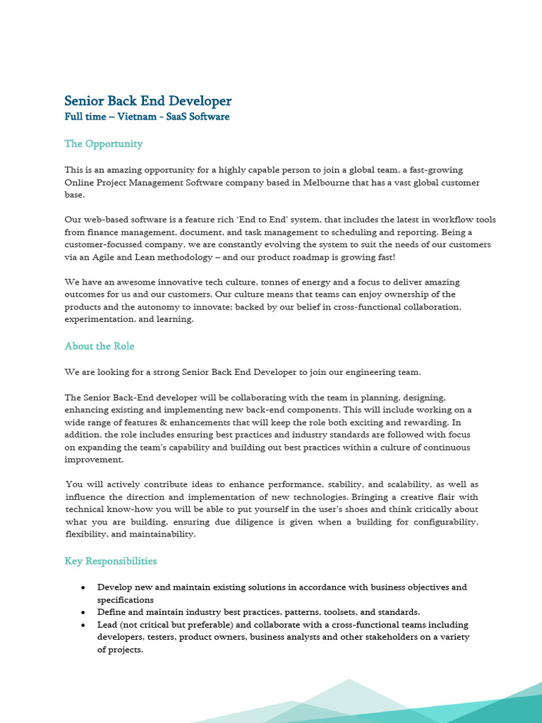 Senior Back End Developer Job in Vietnam | PDF | Software Development ...