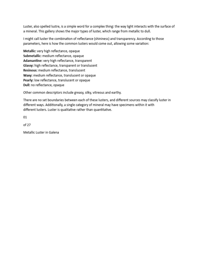 Luster PDF Mineralogy Minerals