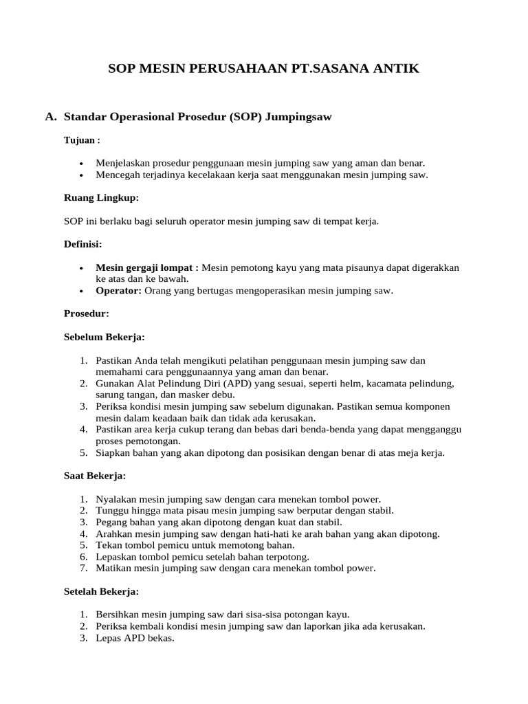 SOP Penggunaan Mesin Jumping Saw | PDF | Teknologi & Rekayasa