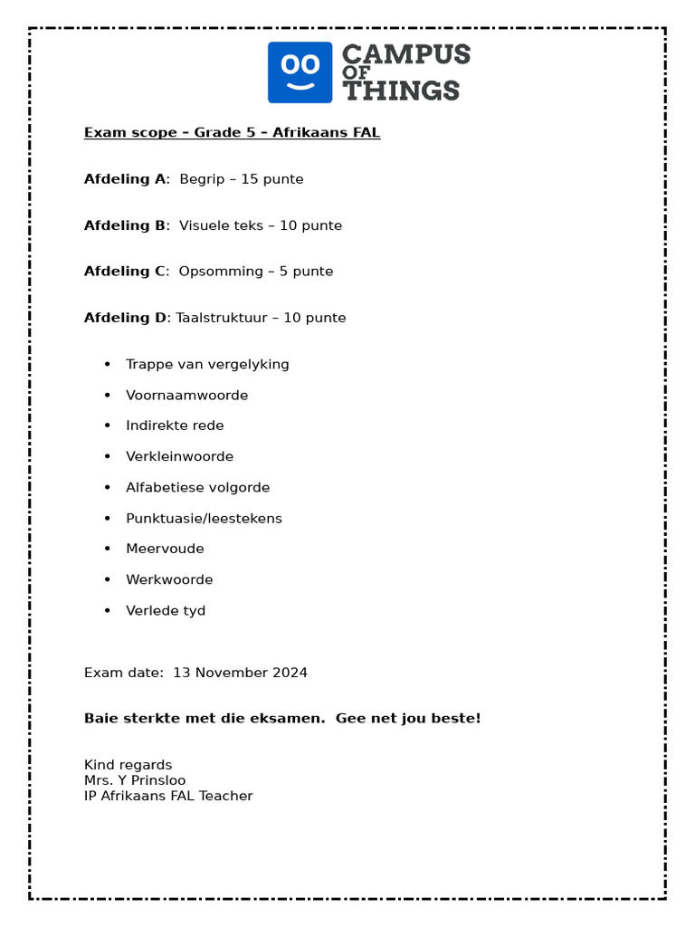 Afrikaans Exam Scope | PDF