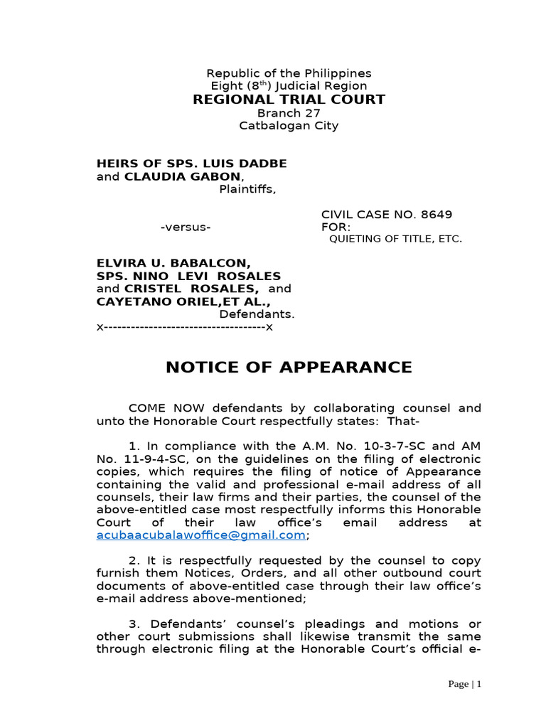 Notice of Appearance in Civil Case 8649 | PDF | Separation Of Powers ...