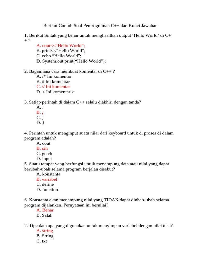 Contoh Soal Pemrograman C++ dan Jawaban | PDF