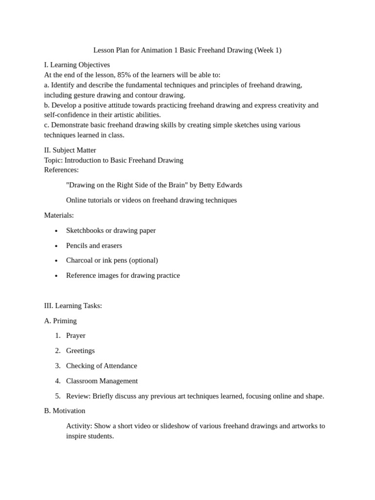 Freehand Drawing Lesson Plan for Animation | PDF | Drawing | Technical ...