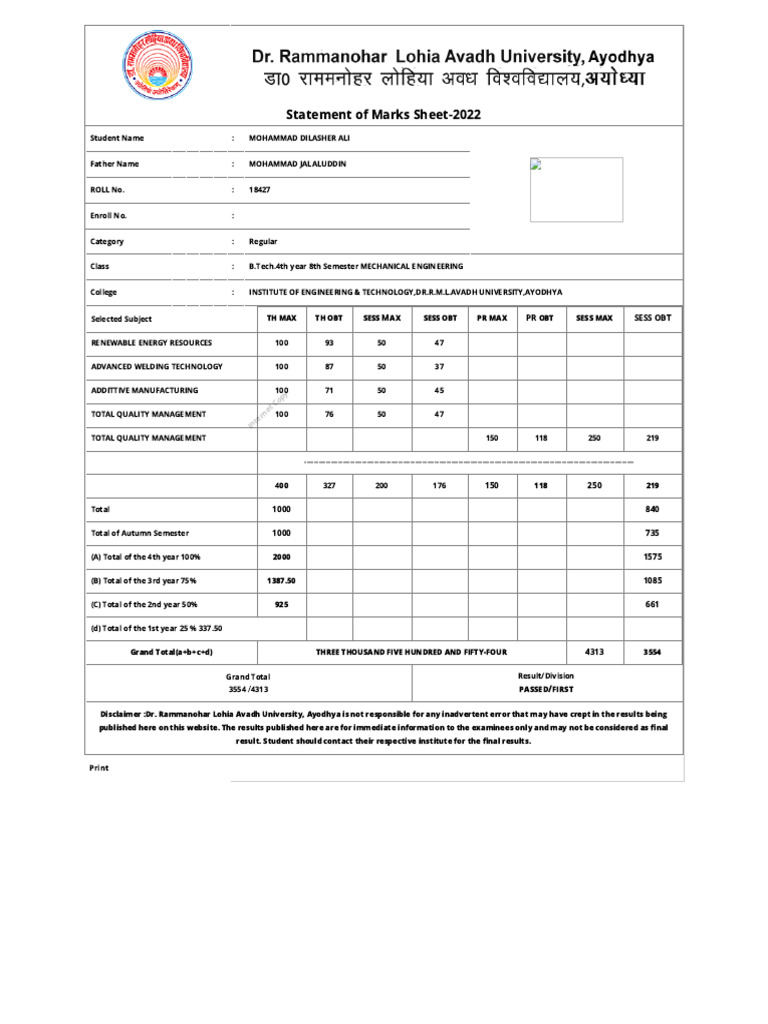 B.Tech 8th Sem Marks Sheet | PDF