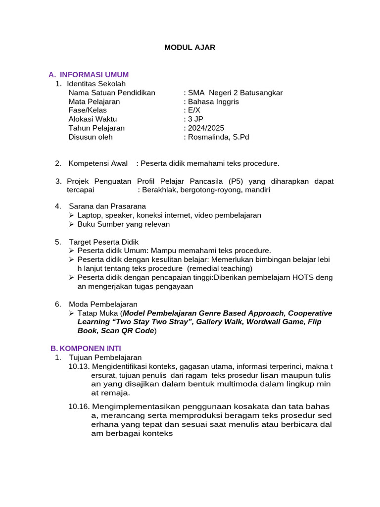 Modul Ajar Procedure Text Supervised by Ms. Alfi | PDF