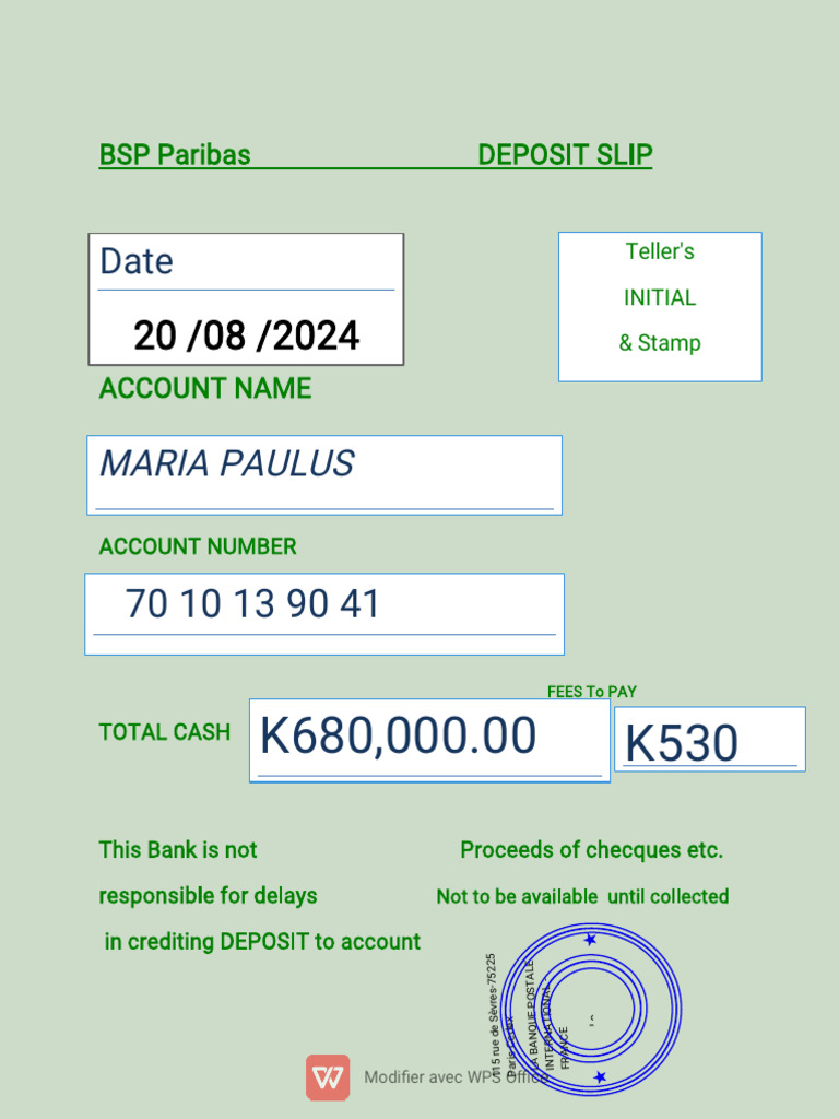 BSP Paribas Deposit Slip Template | PDF