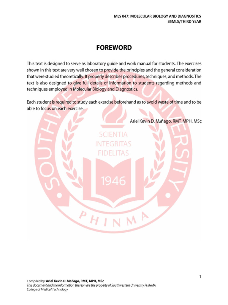 Mls 047 Molecular Biology and Diagnostics Lab. Manual | PDF | Life ...